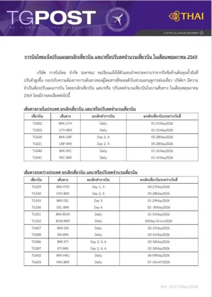 'การบินไทย' ยกเลิก 46 เที่ยวบินแล้ว 