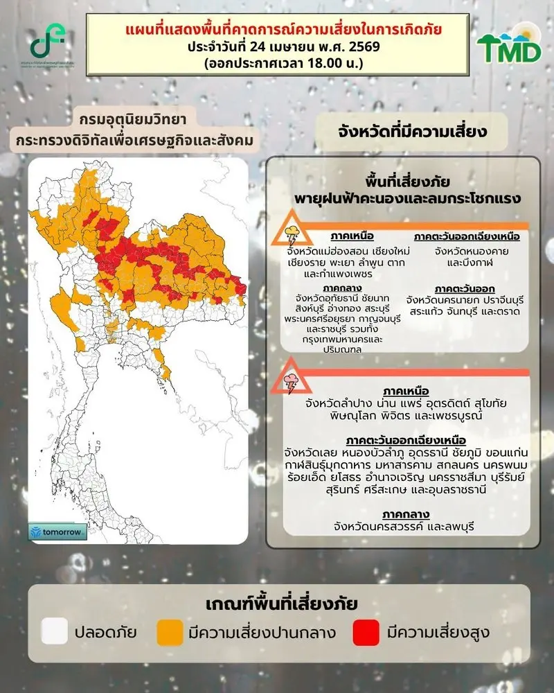 กรมอุตุฯเตือนพรุ่งนี้ 25 เม.ย.กทม.ไทยตอนบน รับมือพายุฤดูร้อน ฝนตก ลมแรง