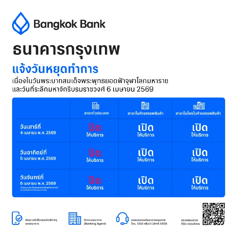 ธนาคารกรุงเทพ แจ้งวันหยุดทำการ เนื่องในวันพระบาทสมเด็จพระพุทธยอดฟ้าจุฬาโลกมหาราช 