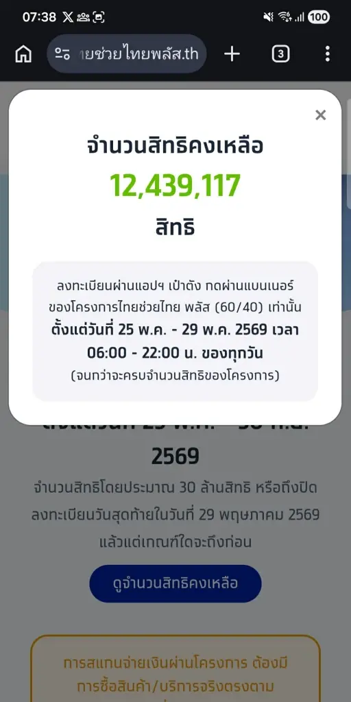 อัปเดตลงทะเบียน"ไทยช่วยไทยพลัส"ผ่านแอปเป๋าตัง วันแรก 25 พ.ค.69 สิทธิคงเหลือล่าสุด 12 ล้านสิทธิ เช็กสิทธิผ่าน www.ไทยช่วยไทยพลัส.th 