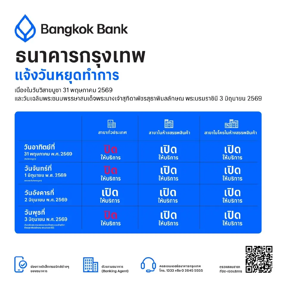 ธนาคารกรุงเทพ  แจ้งวันหยุดทำการเดือนมิถุนายน 2569 