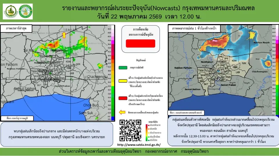เรดาร์ฝน พยากรณ์ฝนกรุงเทพมหานครและปริมณฑลวันนี้ 22 พฤษภาคม 2569 