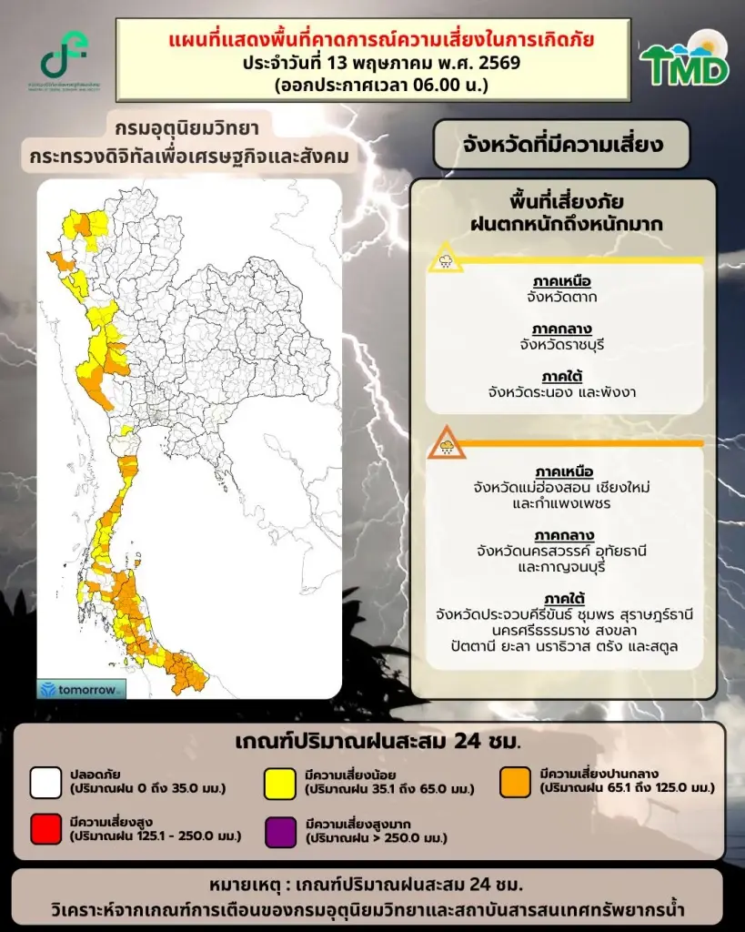 กรมอุตุฯประกาศเตือนฉบับ 1 ไทยฝนตกหนักถึงหนักมาก คลื่นลมแรง 14-18 พ.ค.69