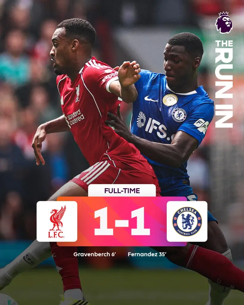 จบเกม 90 นาที ลิเวอร์พูล เสมอ เชลซี 1-1 
