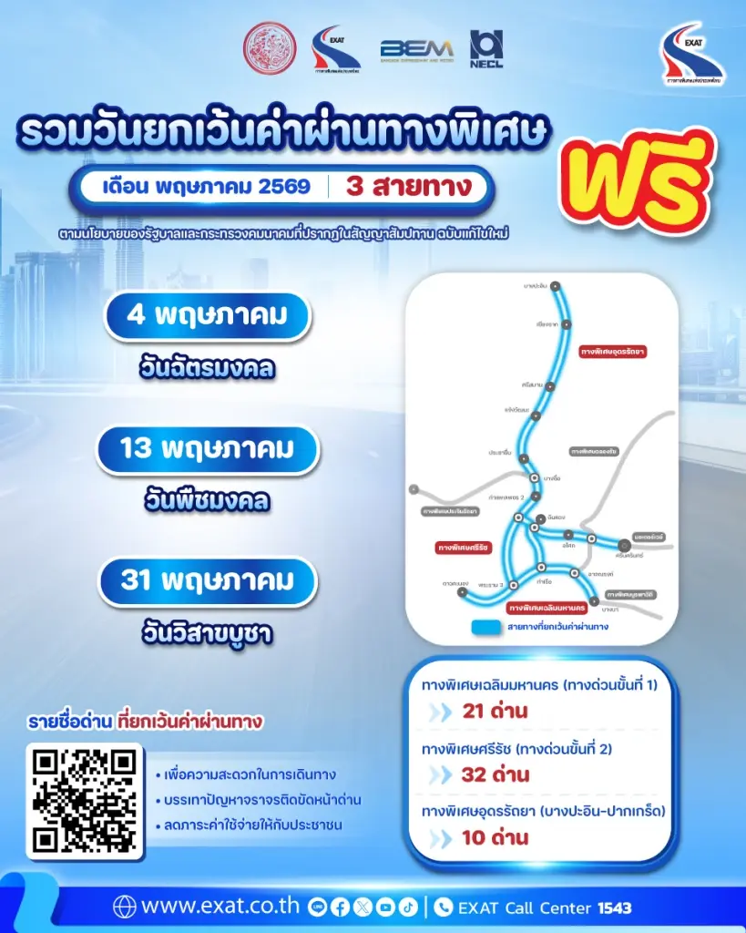 รายชื่อทางพิเศษที่ยกเว้นค่าผ่านทาง -ขึ้นทางด่วนฟรีในวันหยุดนักขัตฤกษ์ เดือนพฤษภาคม 2569