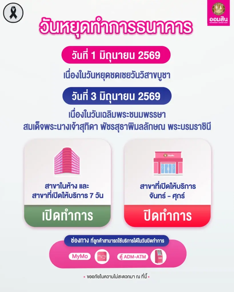 ธนาคารออมสิน แจ้งวันหยุดเดือนมิถุนายน 2569 