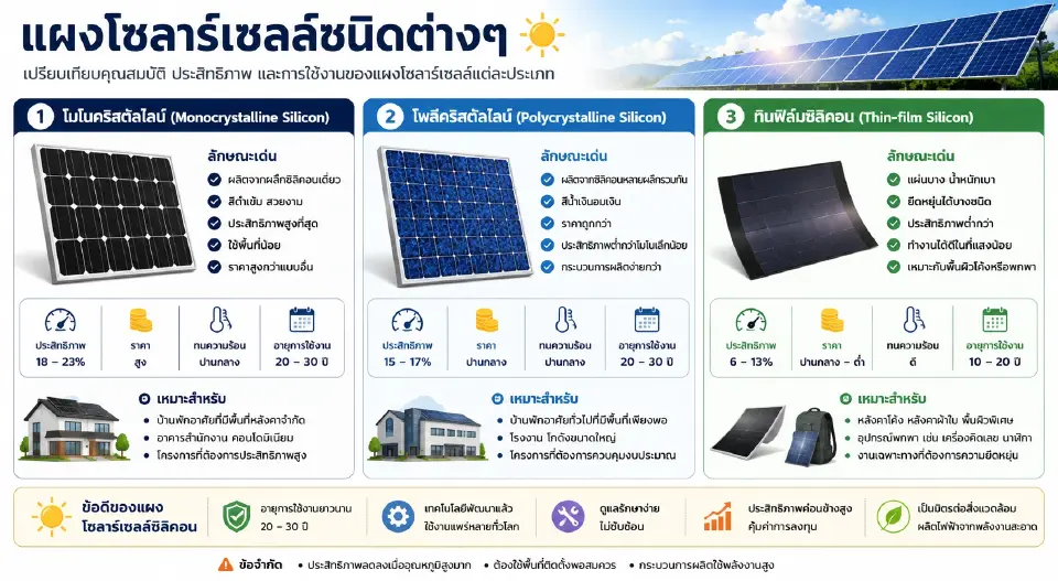 3 ประเภท แผงโซลาร์เซลล์ซิลิคอน ในประเทศไทย