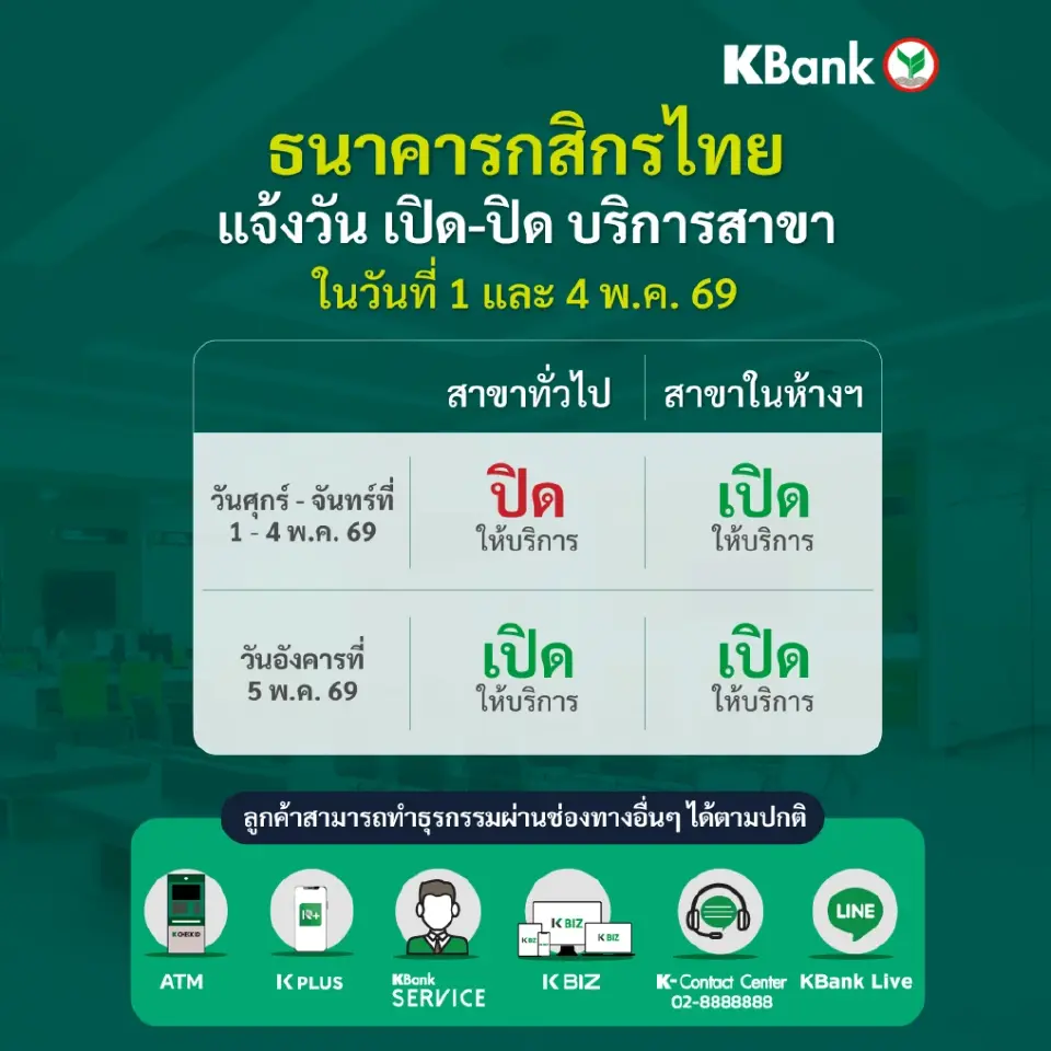ธนาคารกสิกรไทย แจ้งวันทำการสาขาในช่วงวันหยุดเดือนพฤษภาคม 2569 