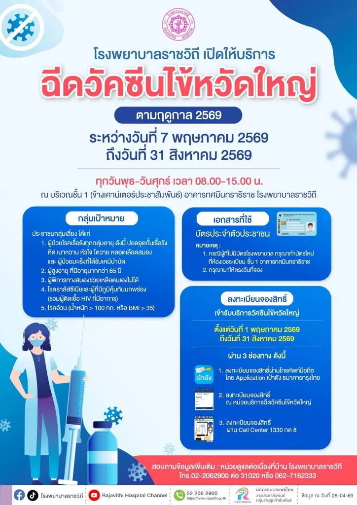 รพ.ราชวิถี เปิดลงทะเบียนออนไลน์จองสิทธิ์ ฉีดวัคซีนไข้หวัดใหญ่ฟรี