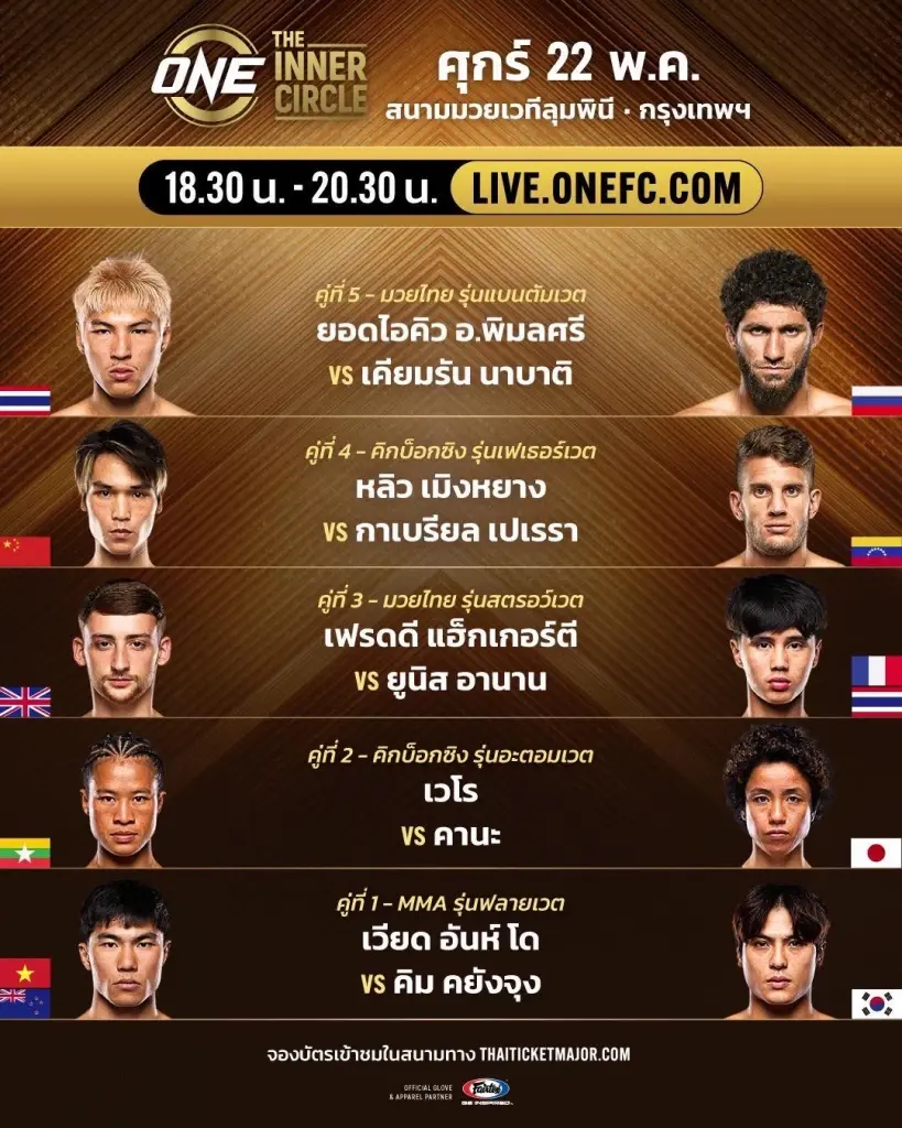 โปรแกรมถ่ายทอดสด มวย The Inner Circle วันที่ 22 พ.ค.69