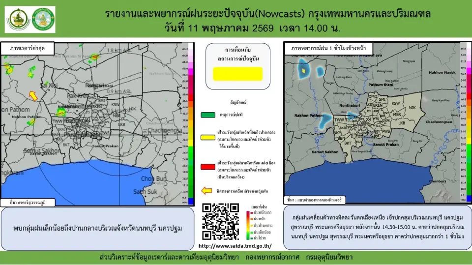 กรมอุตุนิยมวิทยารายงานและพยากรณ์ฝนระยะปัจจุบัน กรุงเทพมหานครและปริมณฑล โดยพบกลุ่มฝนเล็กน้อยถึงปานกลาง