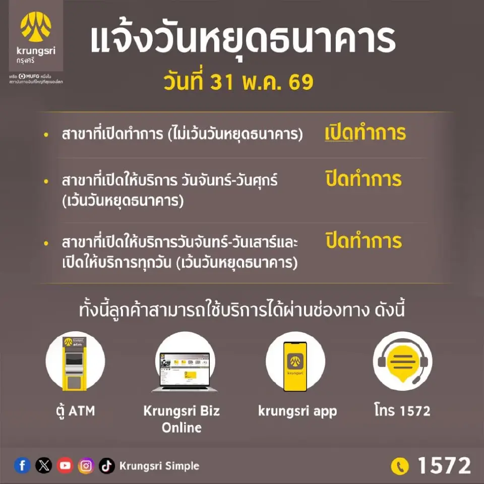 วันหยุดธนาคารมิถุนายน 2569 แบงก์หยุดวันไหนบ้าง หยุดยาวไหม เช็กที่นี่