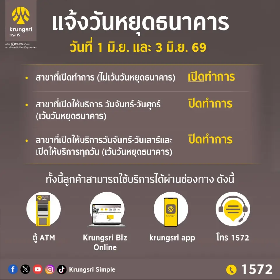 ธนาคารกรุงศรีอยุธยา แจ้งวันหยุดธนาคาร ในช่วงวันที่ 31 พ.ค. ,1 มิ.ย. และ 3  มิ.ย. 69 