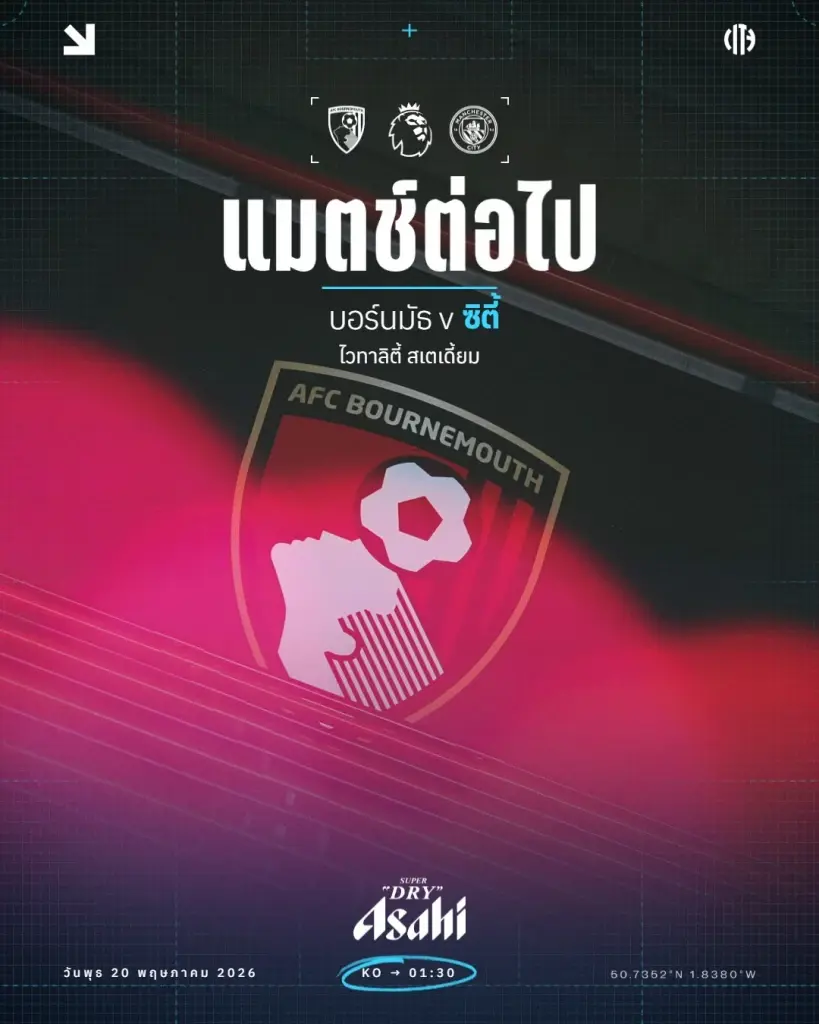 ถ่ายทอดสด 'บอร์นมัธ พบ แมนซิตี้' ดูบอลสดโค้งท้ายพรีเมียร์ลีก 01.30 น.ช่อง  Monomax และ AIS PLAY 