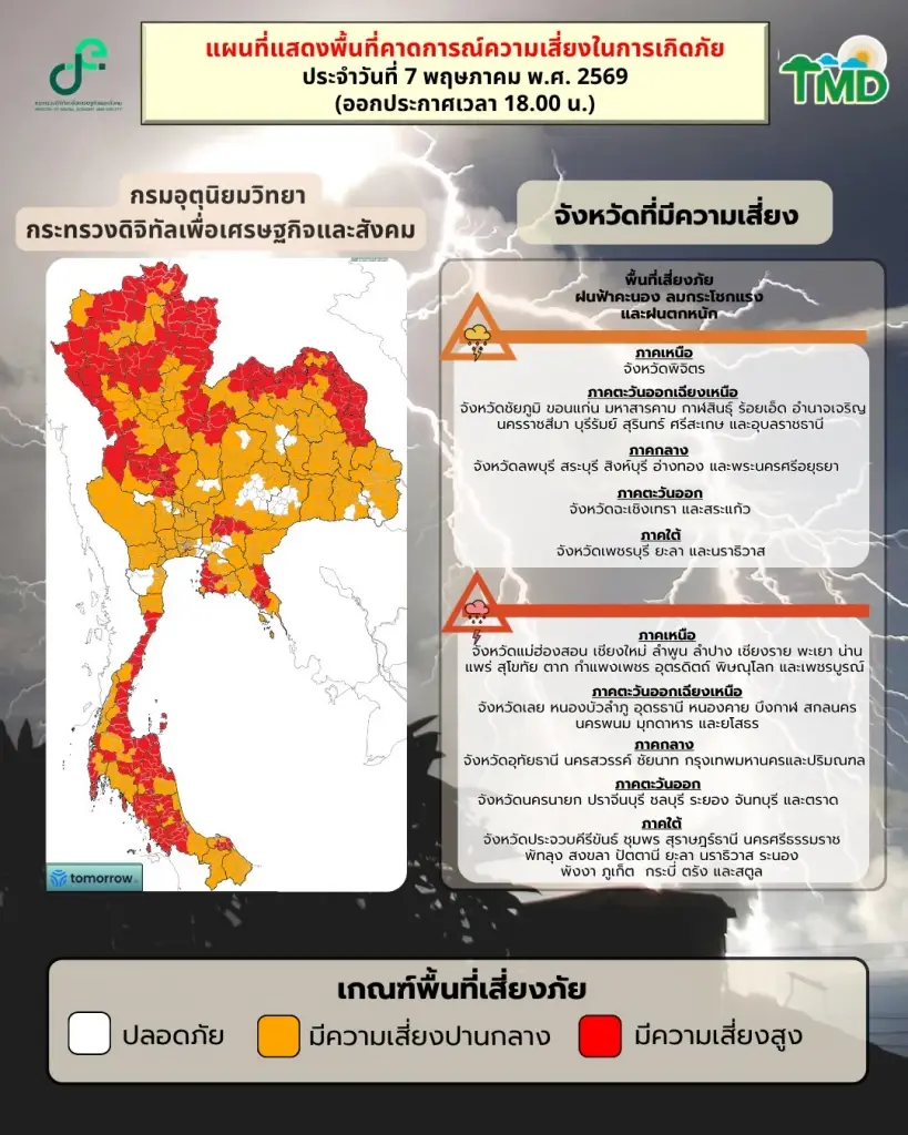 กรมอุตุฯเตือนพรุ่งนี้ 8 พ.ค.ทั่วไทย-กทม.ฝนถล่ม เช็กรายชื่อพื้นที่เสี่ยงด่วน!