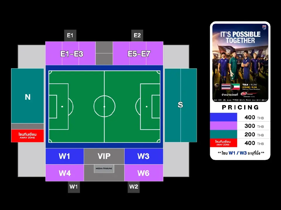 ทีมชาติไทย พบ คูเวต แมตซ์อุ่นเครื่องฟีฟ่าเดย์ แผนผังที่นั่ง ราคาบัตร