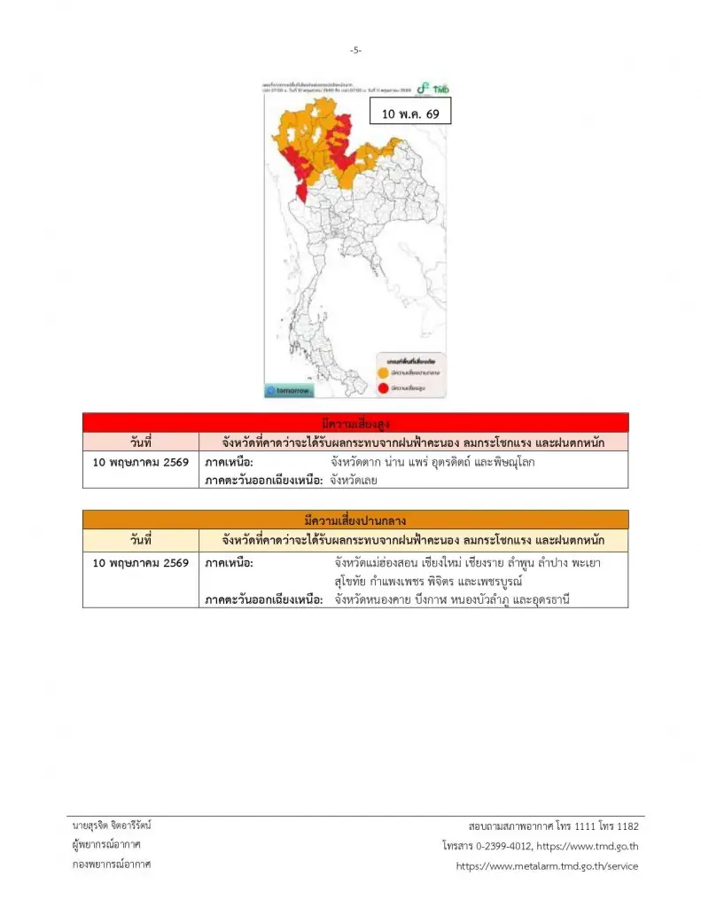 รายชื่อพื้นที่เสี่ยงภัยฝนฟ้าคะนอง ลมกระโชกแรง และฝนตกหนัก 
