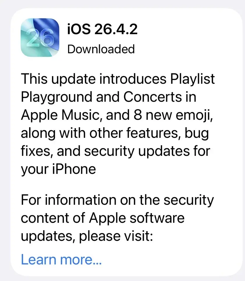Apple ปล่อย iOS 26.4.2 ดัน AI สร้างเพลย์ลิสต์ อัปเกรดฟีเจอร์เพลง-ความปลอดภัย