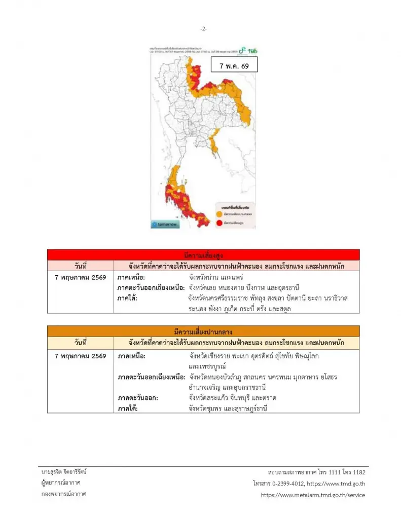 รายชื่อพื้นที่เสี่ยงภัยฝนฟ้าคะนอง ลมกระโชกแรง และฝนตกหนัก 