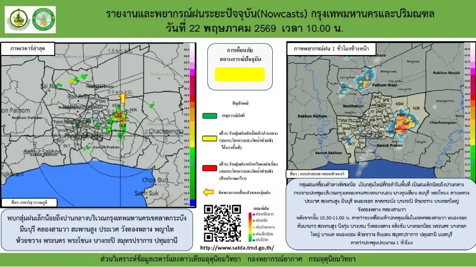 เรดาร์ฝน พยากรณ์ฝนกรุงเทพมหานครและปริมณฑลวันนี้ 22 พฤษภาคม 2569