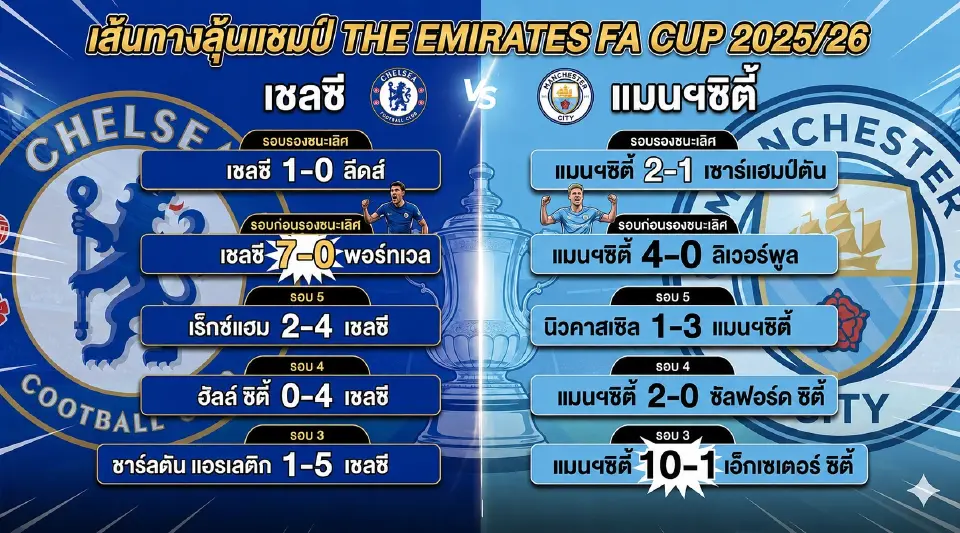 เส้นทางลุ้นแชมป์ The Emirates FA Cup 2025/26 เชลซี VS แมนฯซิตี้ 
