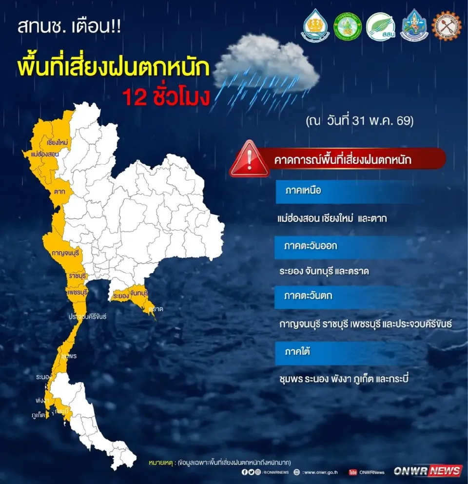  สทนช. เฝ้าระวังพื้นที่ฝนตกหนักสะสมต่อเนื่องเกิน 100 มิลลิเมตร ในช่วง 12 ชั่วโมง