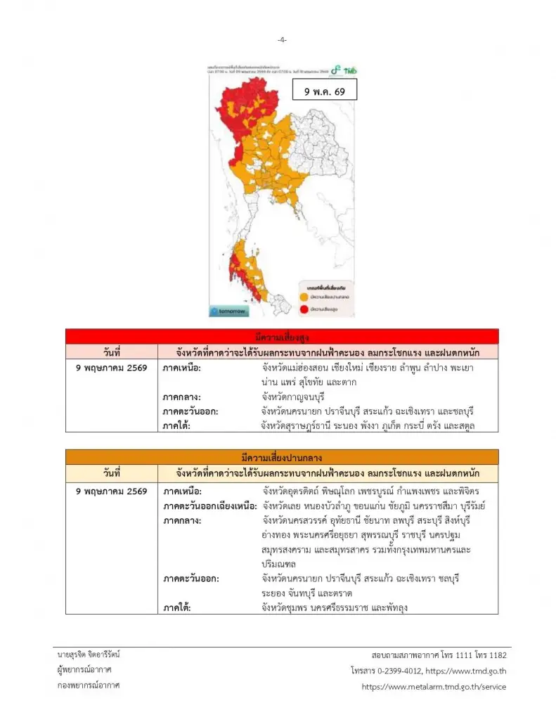 รายชื่อพื้นที่เสี่ยงภัยฝนฟ้าคะนอง ลมกระโชกแรง และฝนตกหนัก 