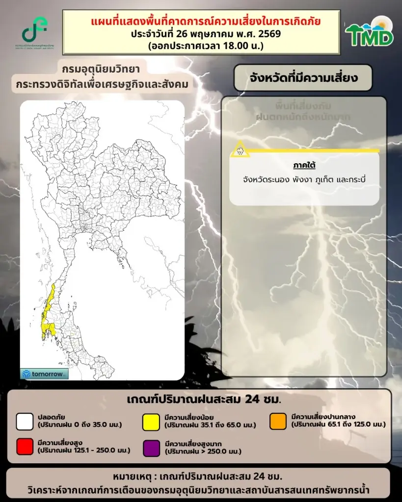 กรมอุตุนิยมวิทยา พยากรณ์อากาศสำหรับประเทศไทย 18:00 น. วันนี้ ถึง 18:00 น. วันพรุ่งนี้
