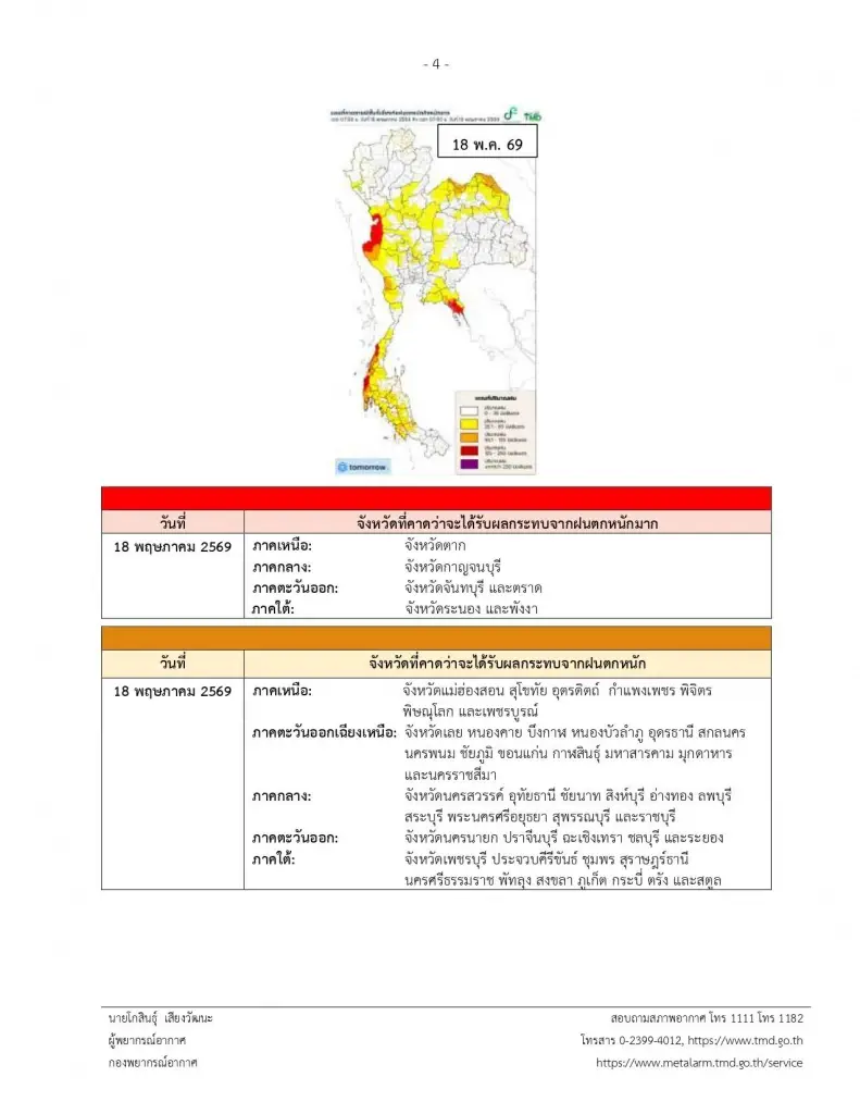 รายชื่อพื้นที่เสี่ยงฝนตกหนัก-ฝนตกหนักมากวันนี้ -18 พฤษภาคม 2569 