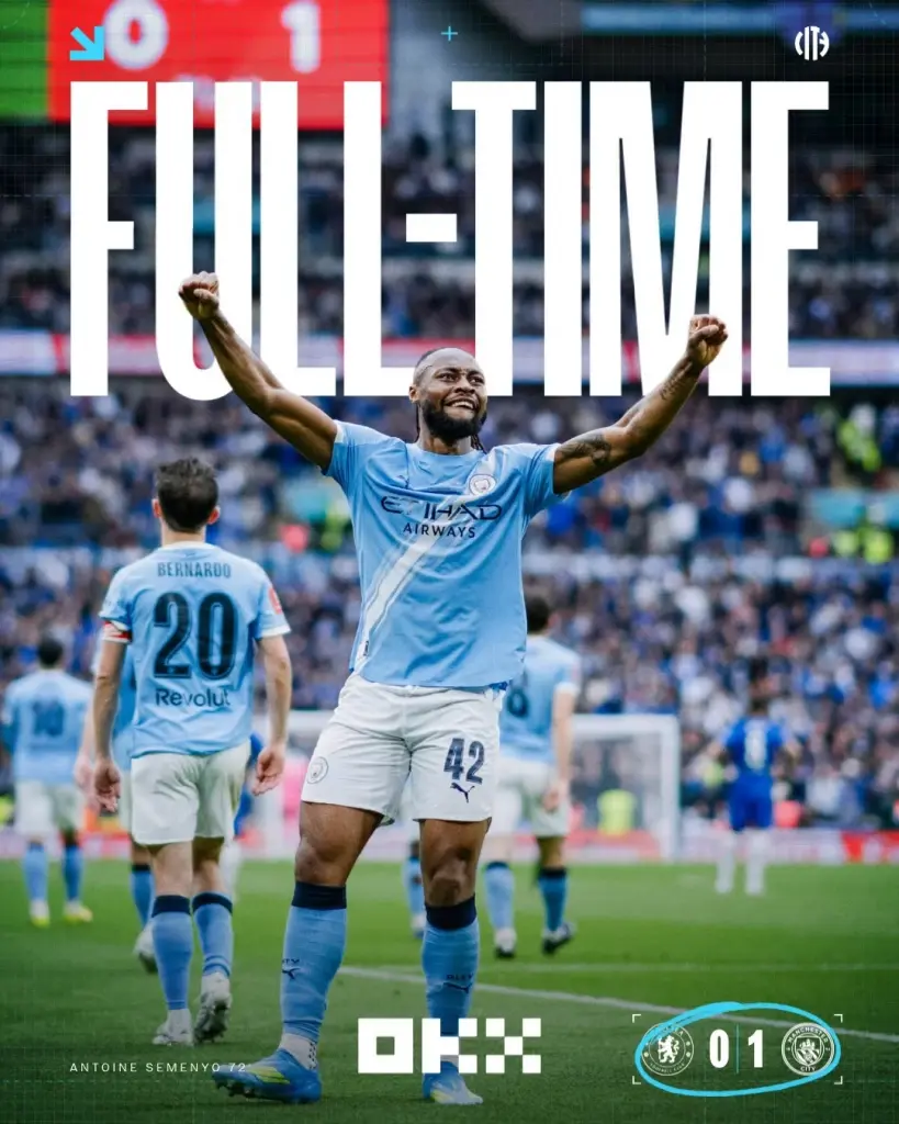 เรือใบสีฟ้า แมนฯซิตี้ เฉือนชนะ เชลซี 1-0 ผงาดคว้าแชมป์ฟุตบอลเอฟเอ คัพ FA CUPสมัยที่ 8