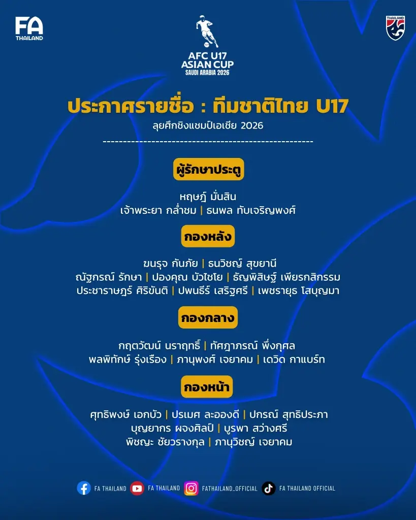 รายชื่อนักฟุตบอลทีมชาติไทย U17 ชุดสู้ศึก AFC U17 Asian Cup™ Saudi Arabia 2026