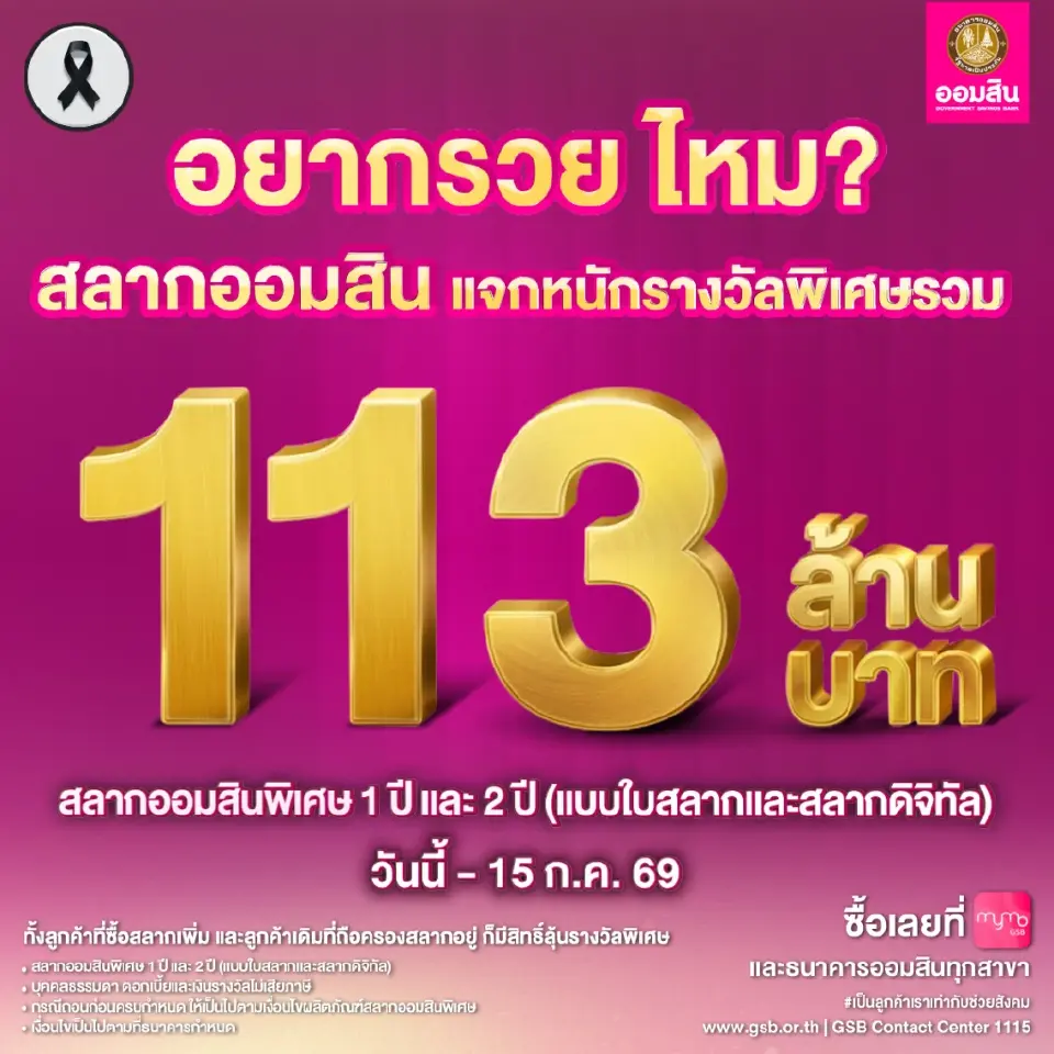 ธนาคารออมสิน เพิ่มเงินรางวัลสลากออมสิน 113 ล้านบาท