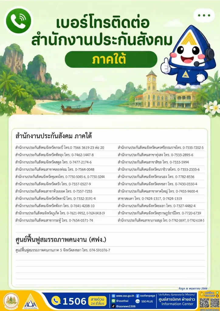 ช่องทางติดต่อสำนักงานประกันสังคมทุกภาคทั่วไทย