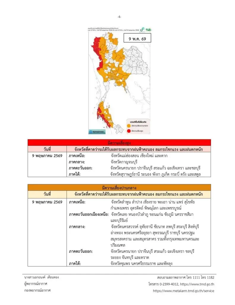 เปิดรายชื่อพื้นที่เสี่ยงภัยฝนฟ้าคะนอง ลมกระโชกแรง และฝนตกหนัก