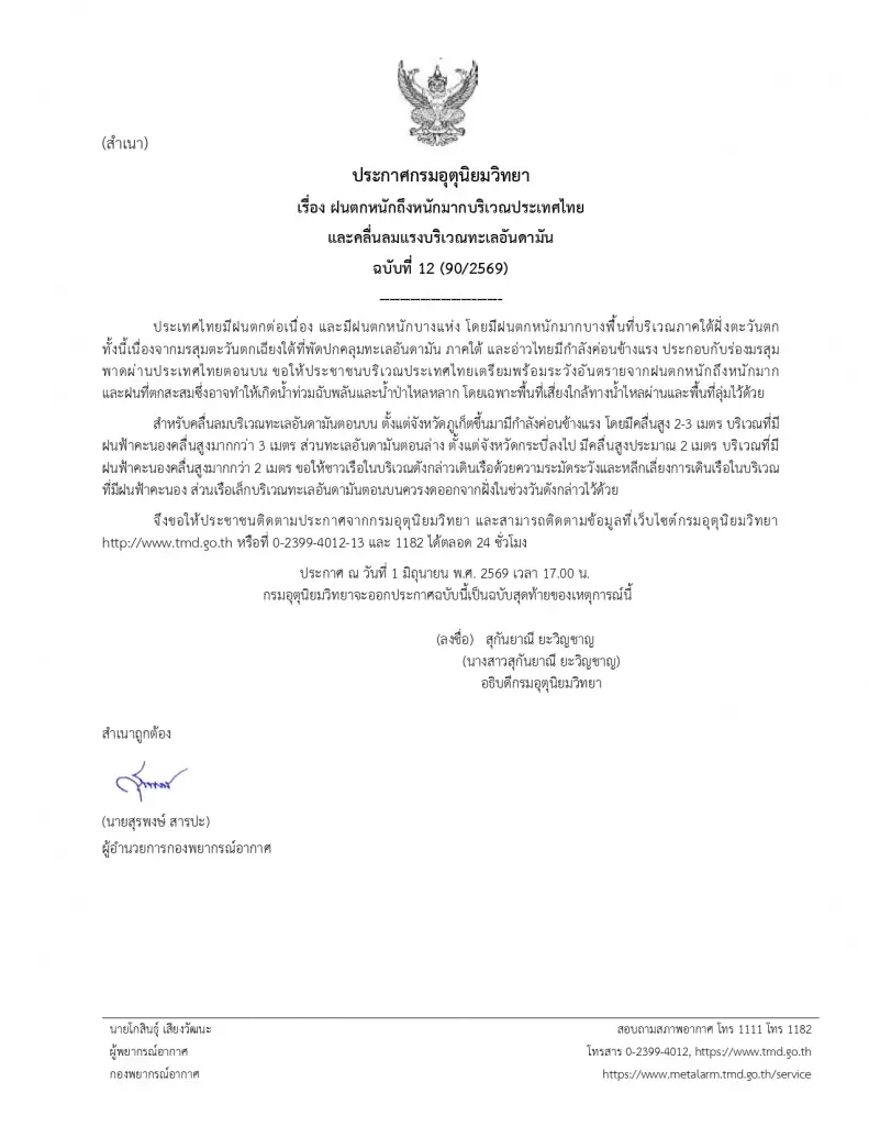 ประกาศกรมอุตุนิยมวิทยา ฉบับที่ 12 เรื่อง ฝนตกหนักถึงหนักมาก 