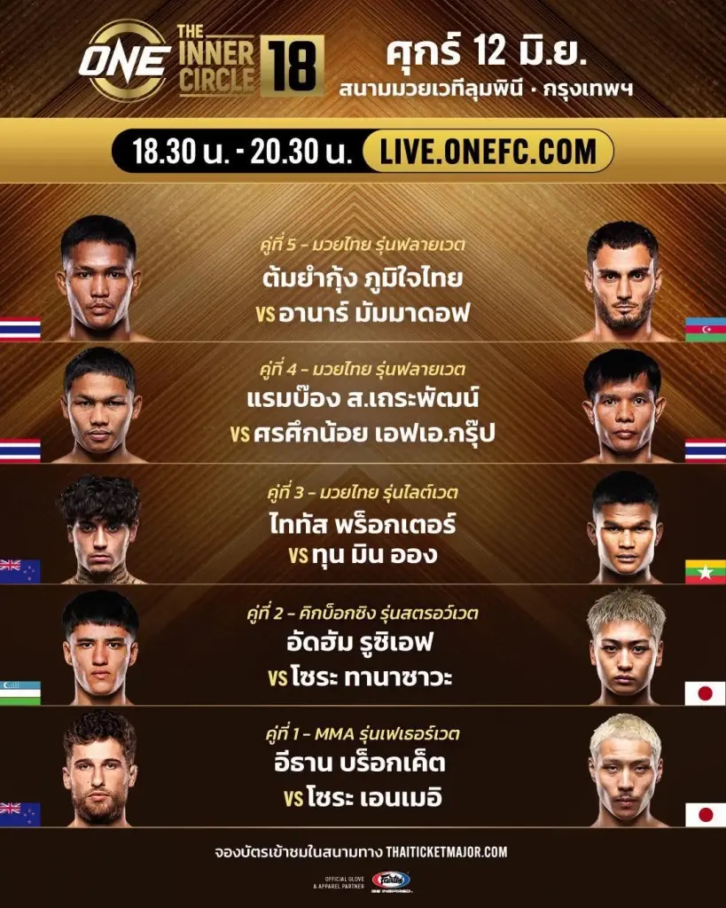 ตารางแข่งและถ่ายทอดสดศึกมวย ONE The Inner Circle วันที่ 12 มิ.ย.69
