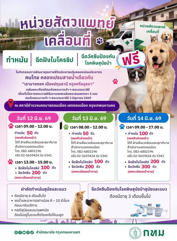 กทม. เปิดทำหมัน-ฝังไมโครชิป-ฉีดวัคซีนพิษสุนัขบ้าฟรี เขตดอนเมือง 12-14 มิ.ย.นี้