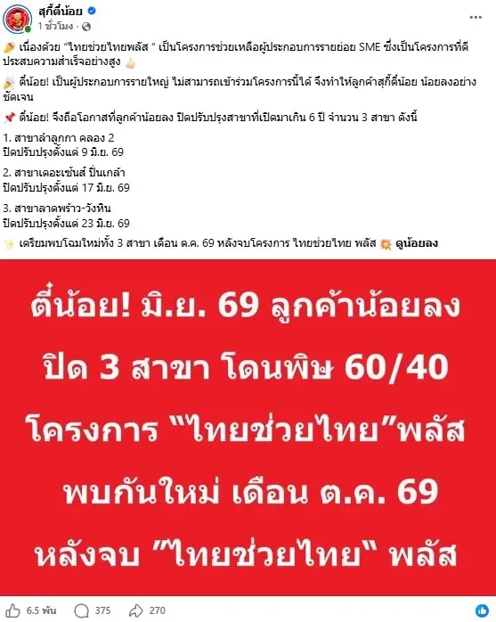 ตี๋น้อยรับลูกค้าน้อยลงช่วง "ไทยช่วยไทยพลัส" ปิดรีโนเวต 3 สาขา