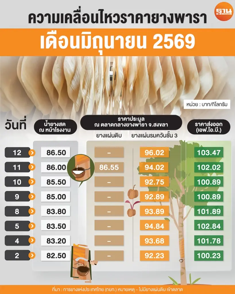 ความเคลื่อนไหวราคายางพารา เดือนมิถุนายน 2569