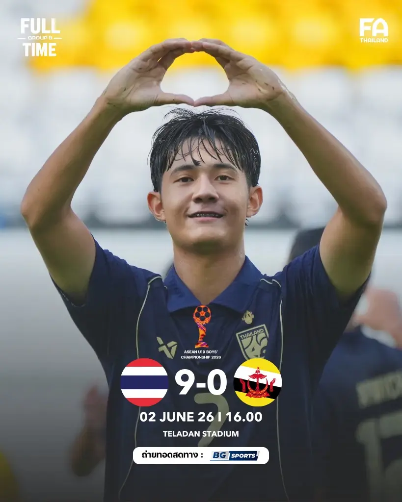 จบเกม 90 นาที ไทย U19 ชนะ บรูไน U19 ด้วยสกอร์ 9-0 