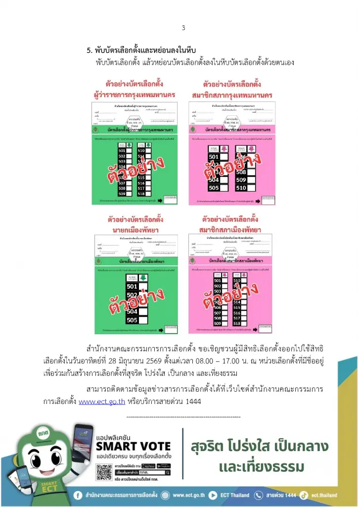 บัตรเลือกตั้งเมืองพัทยา 2569 มี 2 ใบ สีเขียว=นายกฯ สีชมพู=ส.ภ. กากบาทให้ถูกต้อง