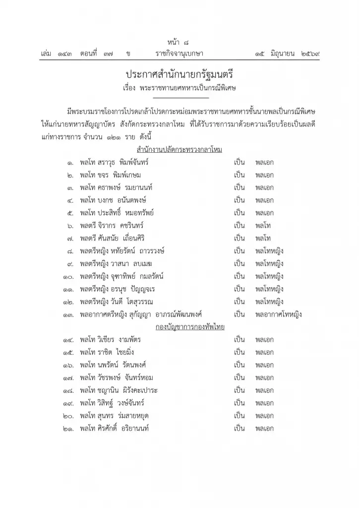 โปรดเกล้าฯ พระราชทานยศทหารชั้นนายพลกรณีพิเศษ 121 นายทหาร "พลเอก-พลโท"