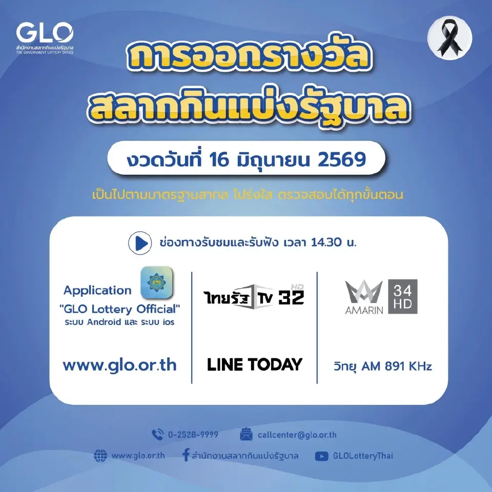 สำนักงานสลากกินแบ่งรัฐบาล ทำการออกรางวัลสลากกินแบ่งรัฐบาล งวดวันที่ 16 มิถุนายน 2569 