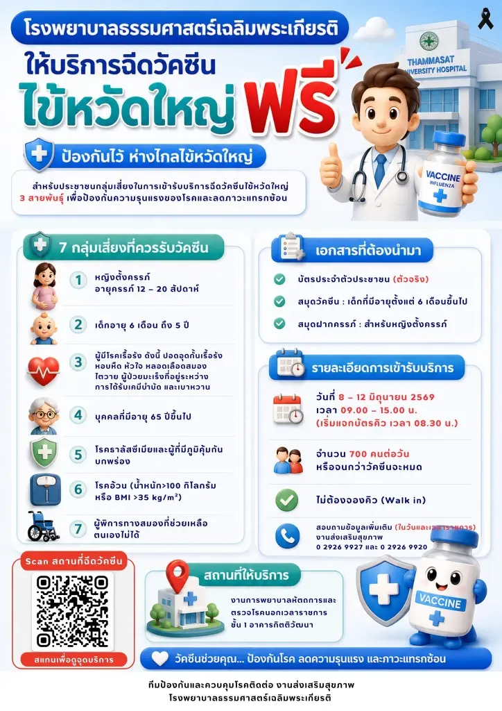 รพ.ธรรมศาสตร์ฯ เปิดฉีดวัคซีนไข้หวัดใหญ่ฟรี 7 กลุ่มเสี่ยง