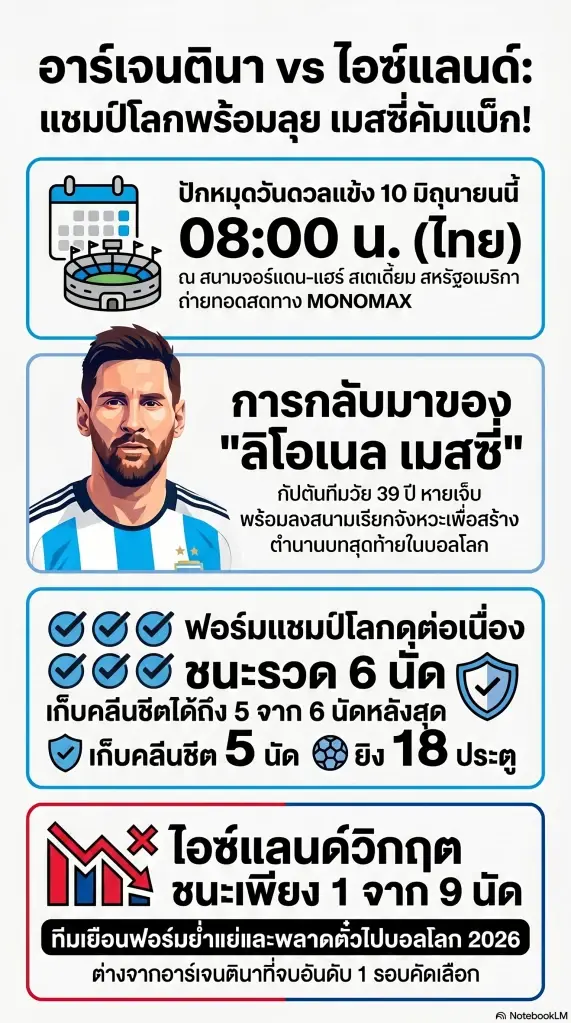 ดูบอลสด LIVE 'อาร์เจนตินา พบ ไอซ์แลนด์' ถ่ายทอดสดวันนี้ 10 มิ.ย. 69