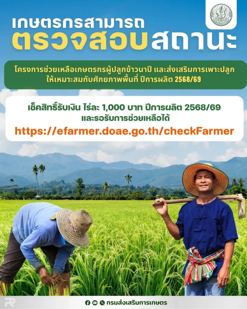 ตรวจสอบสถานะเงินเยียวยาไร่ละ 1,000 ปี 68/69 