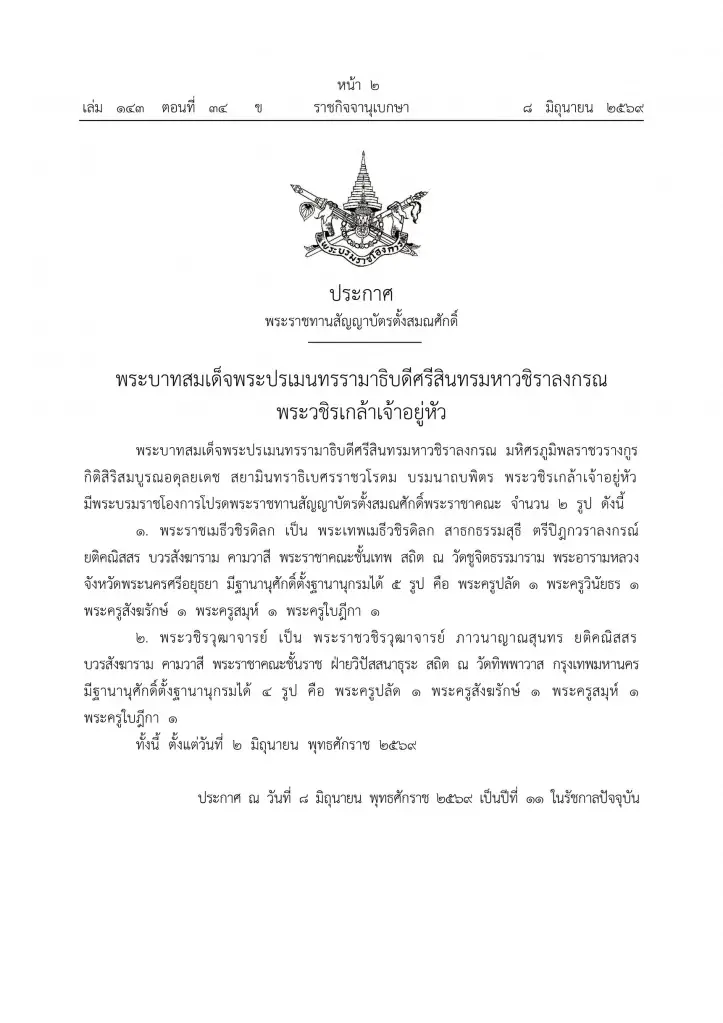 โปรดพระราชทานสัญญาบัตรตั้งสมณศักดิ์พระราชาคณะ รวม 6 รูป