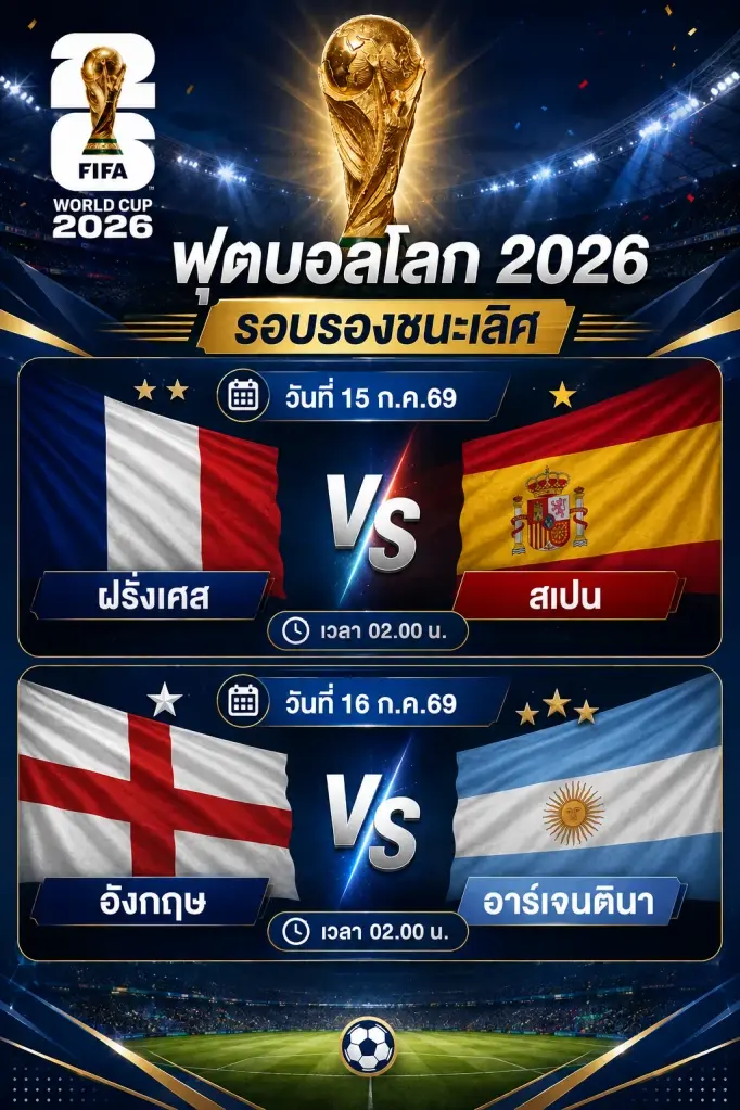 โปรแกรมถ่ายทอดสด ฟุตบอลโลก 2026 รอบรองชนะเลิศ วันที่15 -16 ก.ค.69 