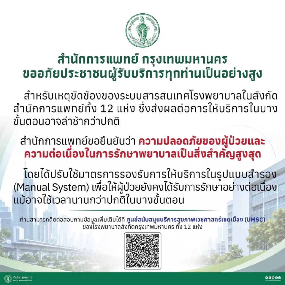 สำนักการแพทย์ กทม. ชี้แจงระบบ Cloud ล่ม ส่งผลโรงพยาบาล 12 แห่งให้บริการล่าช้า