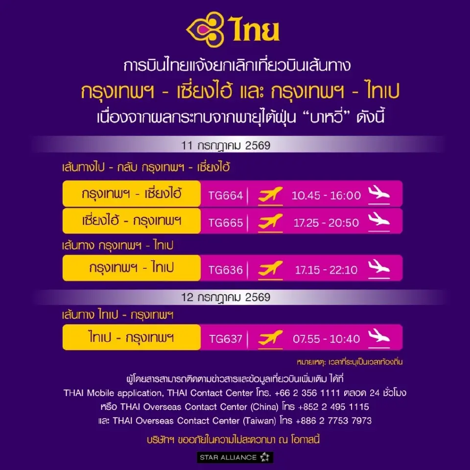  'พายุบาหวี่' พ่นพิษ การบินไทย ยกเลิกเที่ยวบิน จีน - ไต้หวัน 11–12 ก.ค.นี้